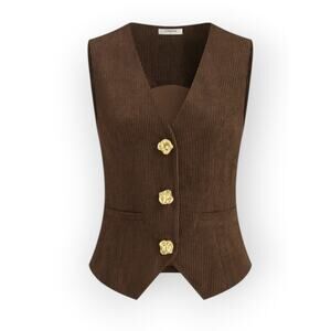 Commense Brown Corduroy Tailored Vest Gold Button V Neck – Modern Chic